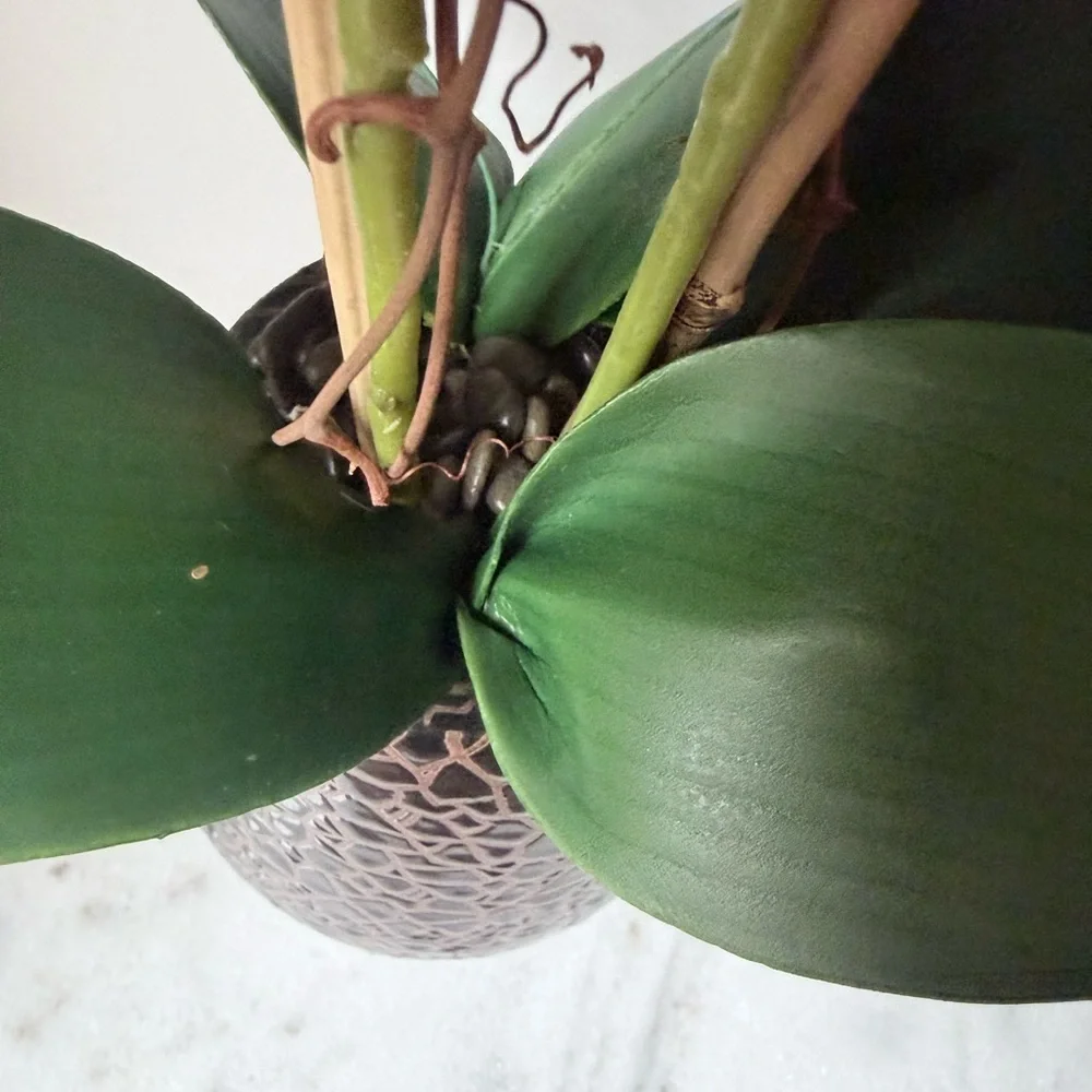 artificial white Phalaenopsis orchid arrangement in a brown textured vase 27”….